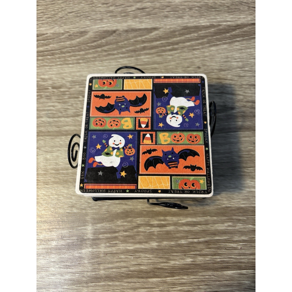Vintage 3.5in Ceramic Halloween Themed Coasters Black Wire Holder Set of 4